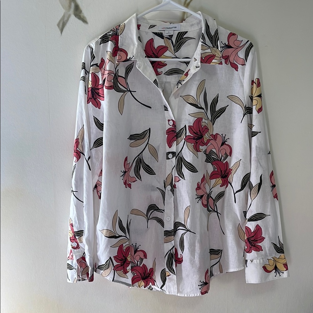 Liz Claiborne White Floral Linen Button-Down Shirt
